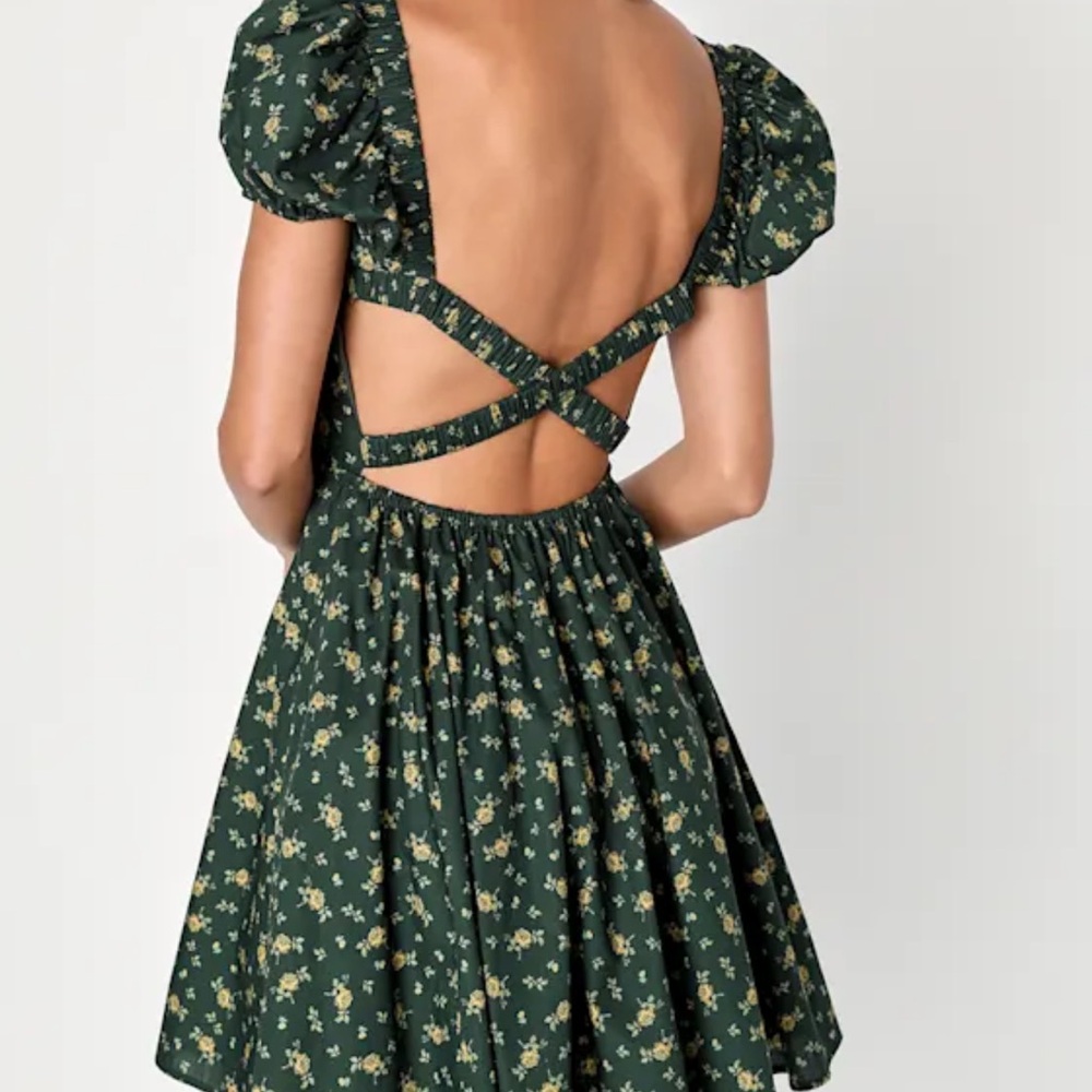 Lulus Darling Presence Dark Green Floral Puff Sleeve Backless Dress - Size S